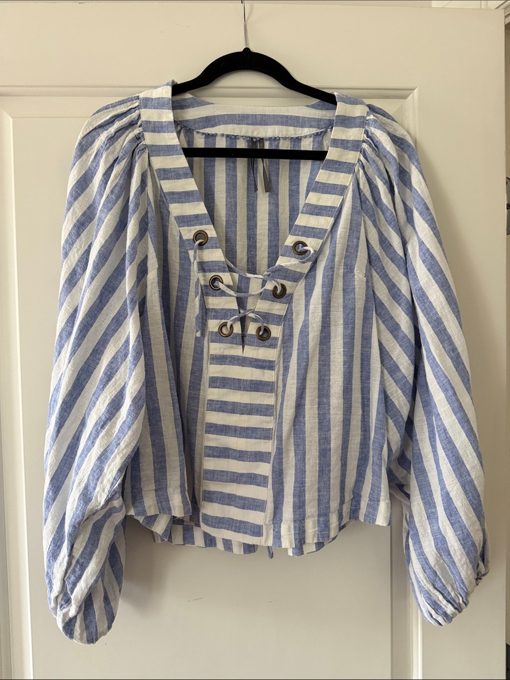 Anthropologie Striped Lace-Up Linen Blend Top - Blue & White